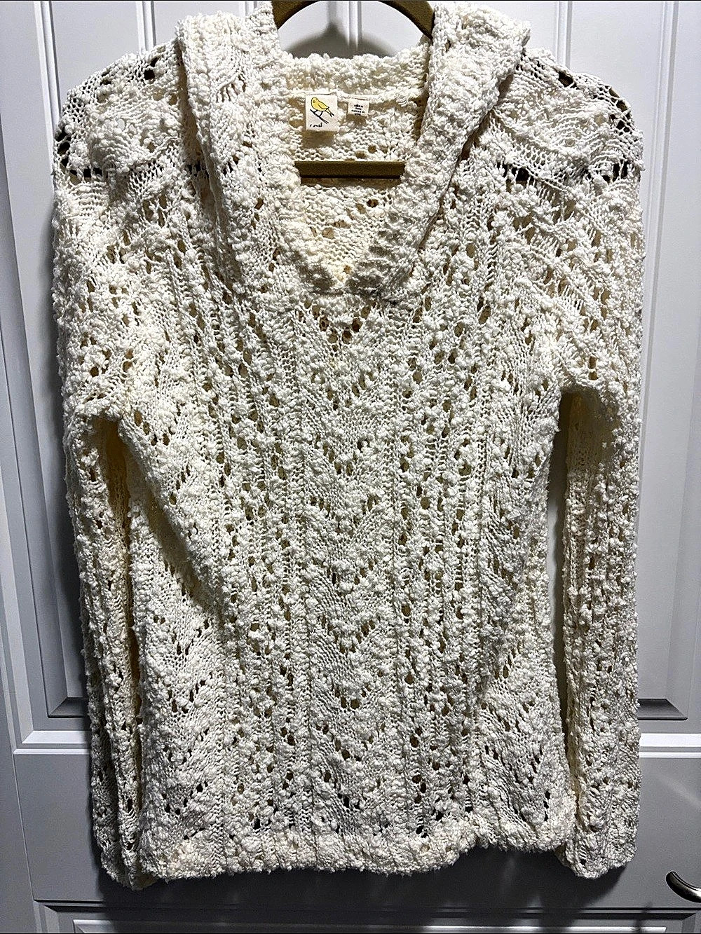 Anthropologie Yellow Bird XS Ivory Crochet Hooded Sweater 97% Cotton